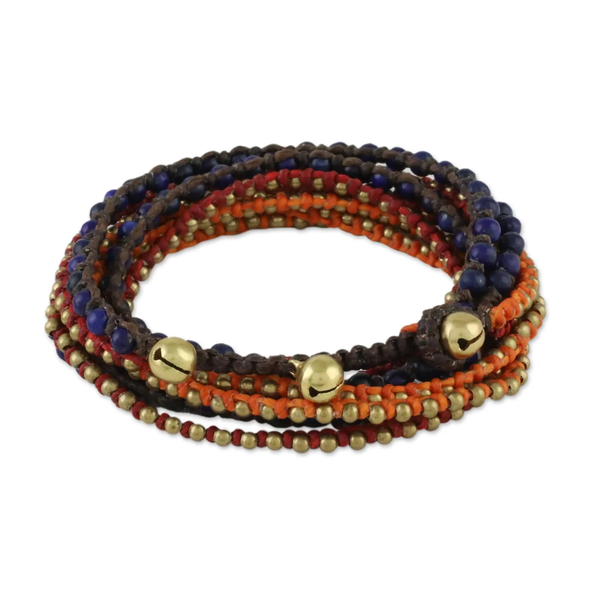 Boho Lapis Lazuli Beaded Wrap Bracelet from Thailand - Bohemian Bells | NOVICA