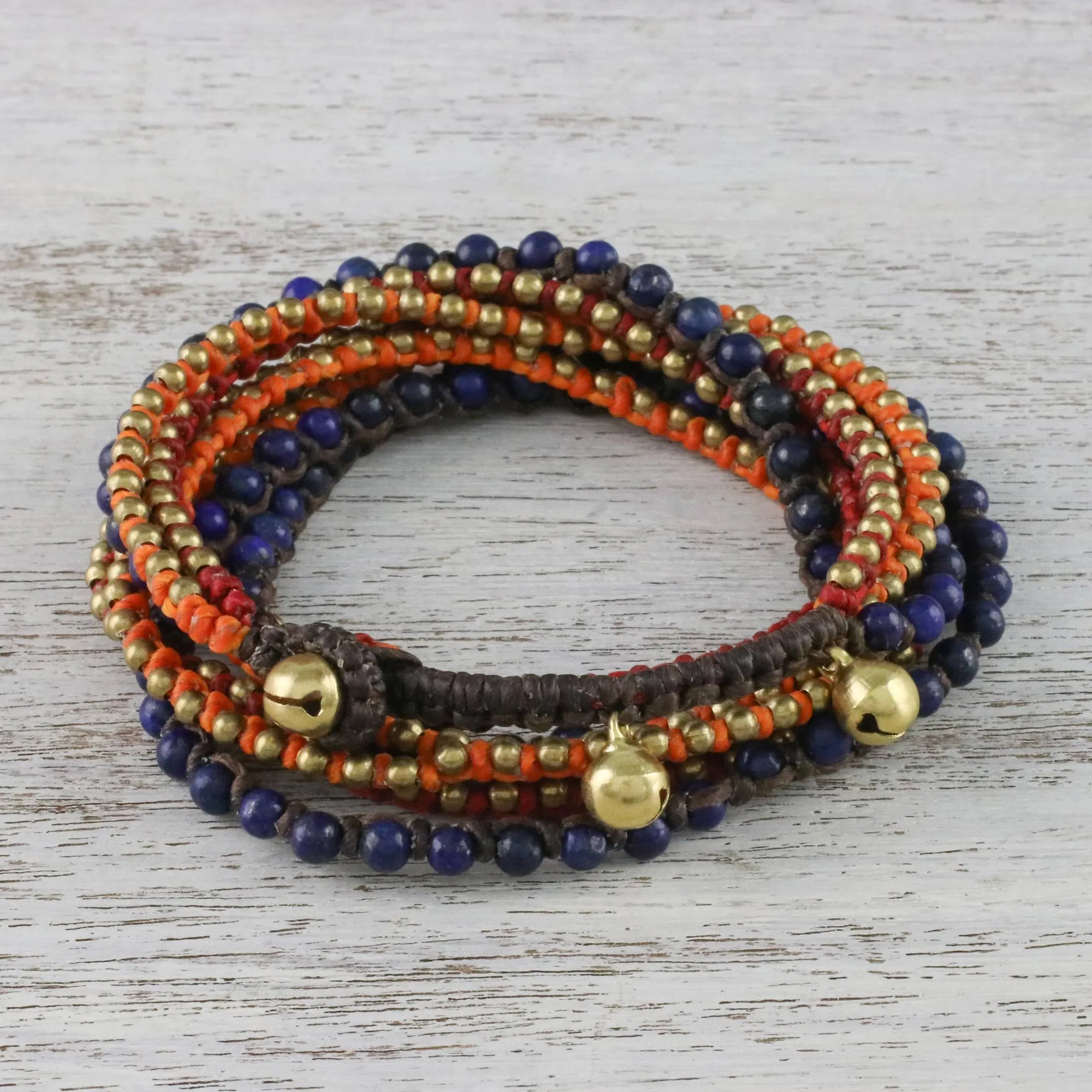 Boho Lapis Lazuli Beaded Wrap Bracelet from Thailand - Bohemian Bells | NOVICA