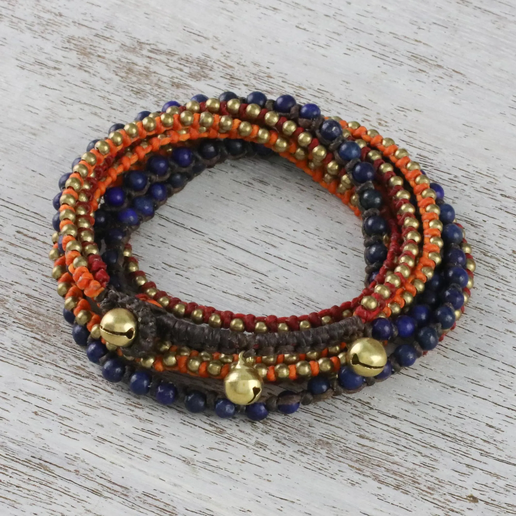 Boho Lapis Lazuli Beaded Wrap Bracelet from Thailand - Bohemian Bells | NOVICA