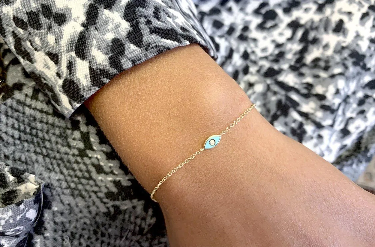 Bracelet 14kt Gold Chain Enamel Evil Eye & Diamond