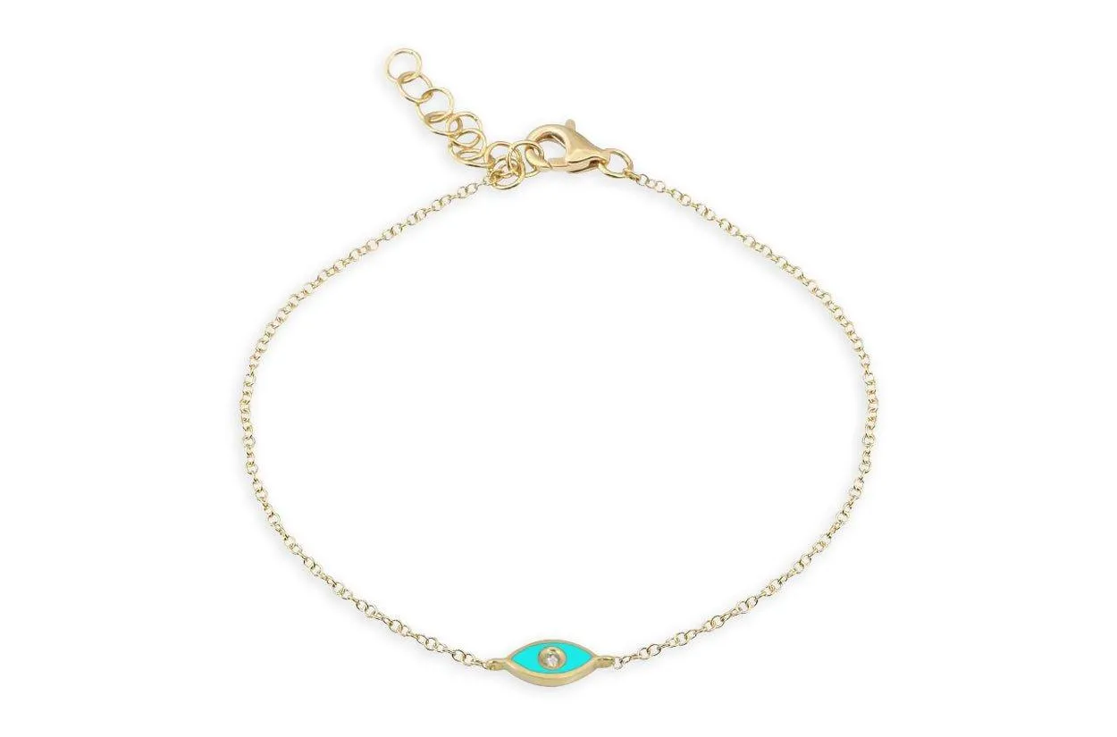 Bracelet 14kt Gold Chain Enamel Evil Eye & Diamond