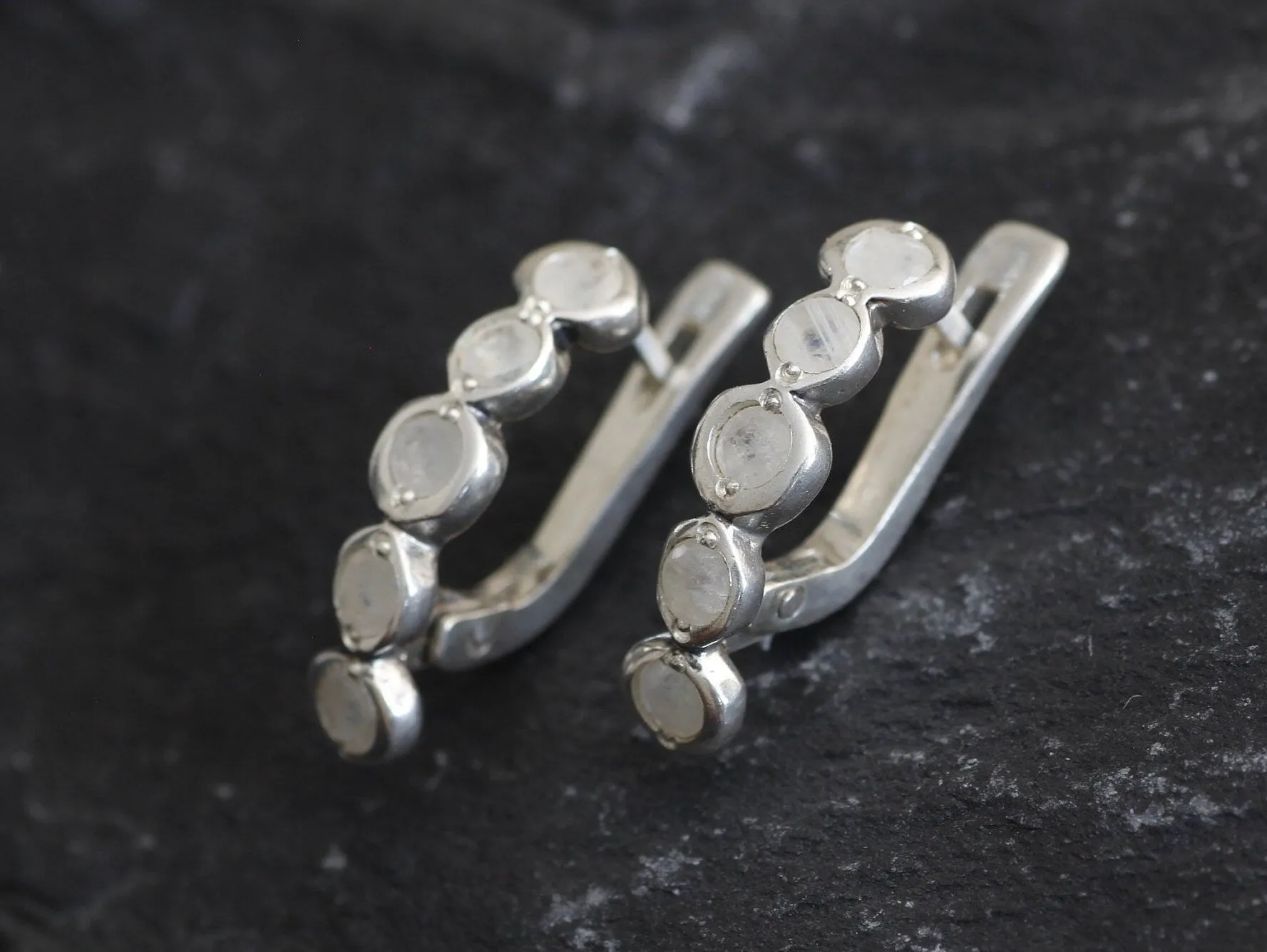 Bubble Moonstone Earrings - Natural Rainbow Moonstone, White Half Hoops