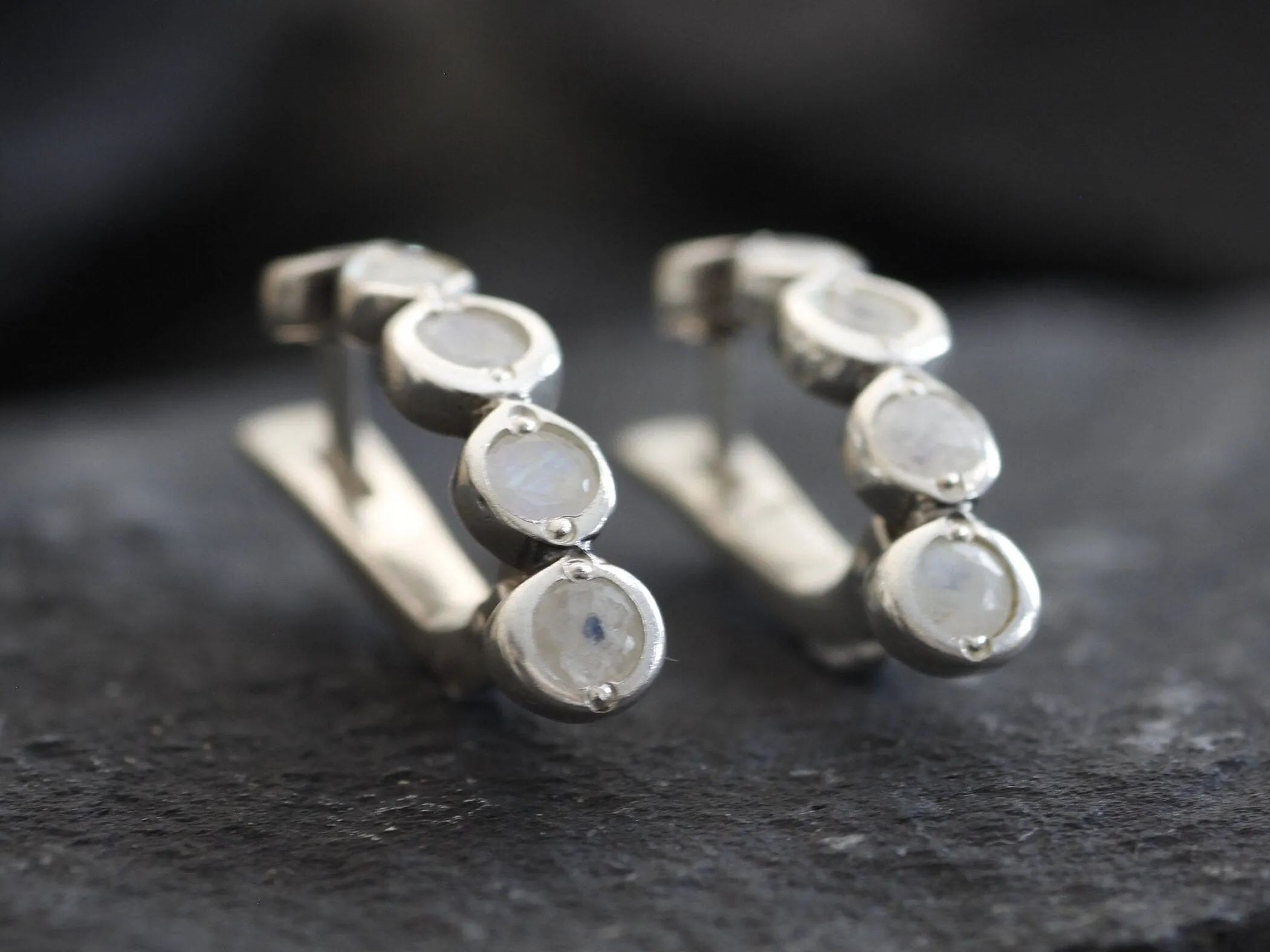 Bubble Moonstone Earrings - Natural Rainbow Moonstone, White Half Hoops