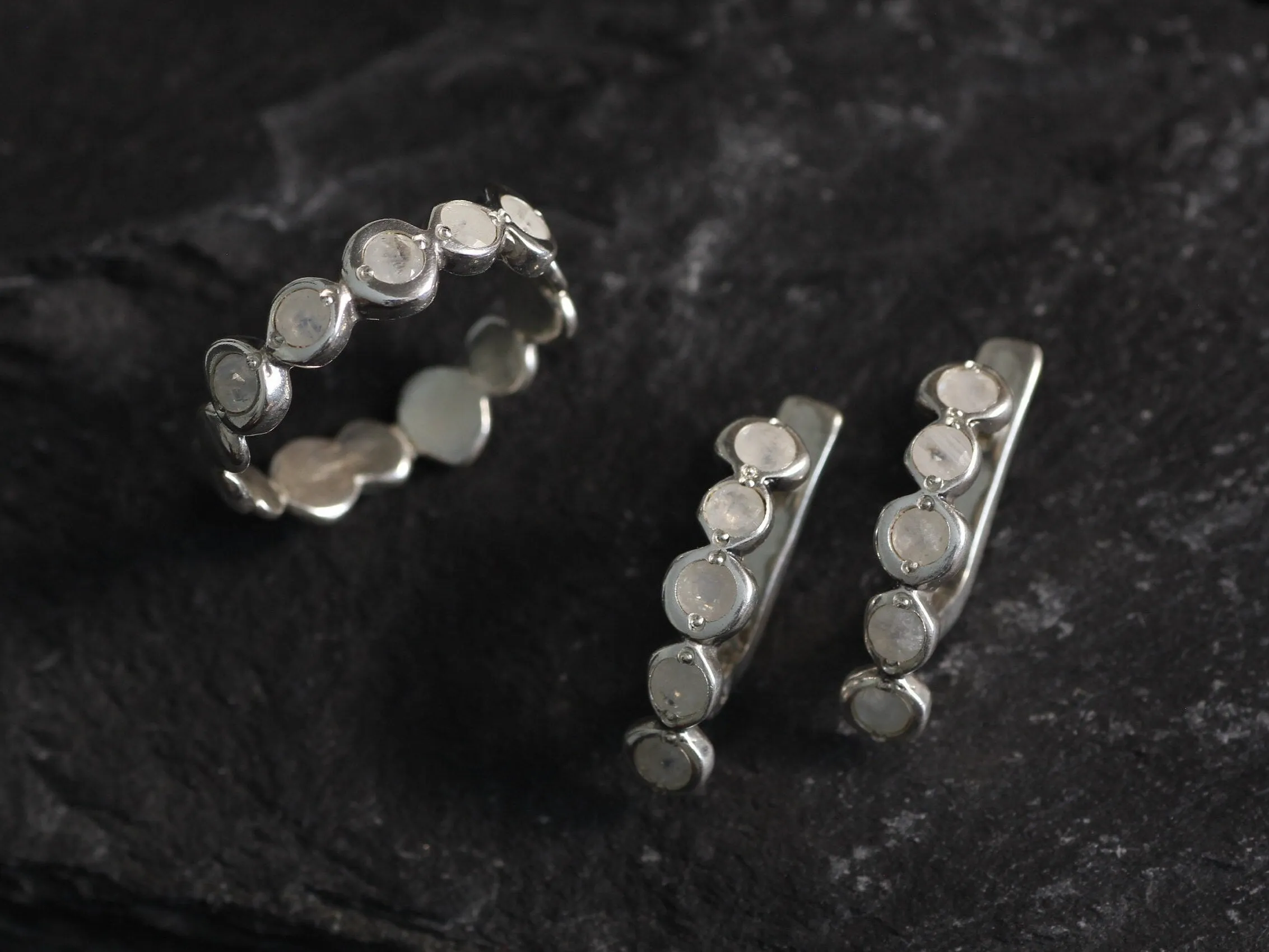 Bubble Moonstone Earrings - Natural Rainbow Moonstone, White Half Hoops