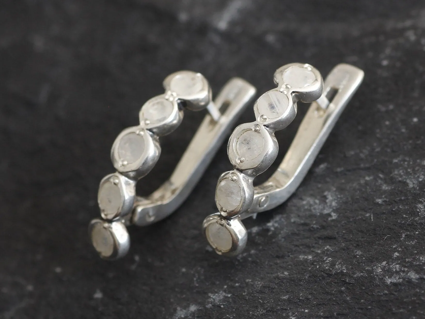 Bubble Moonstone Earrings - Natural Rainbow Moonstone, White Half Hoops
