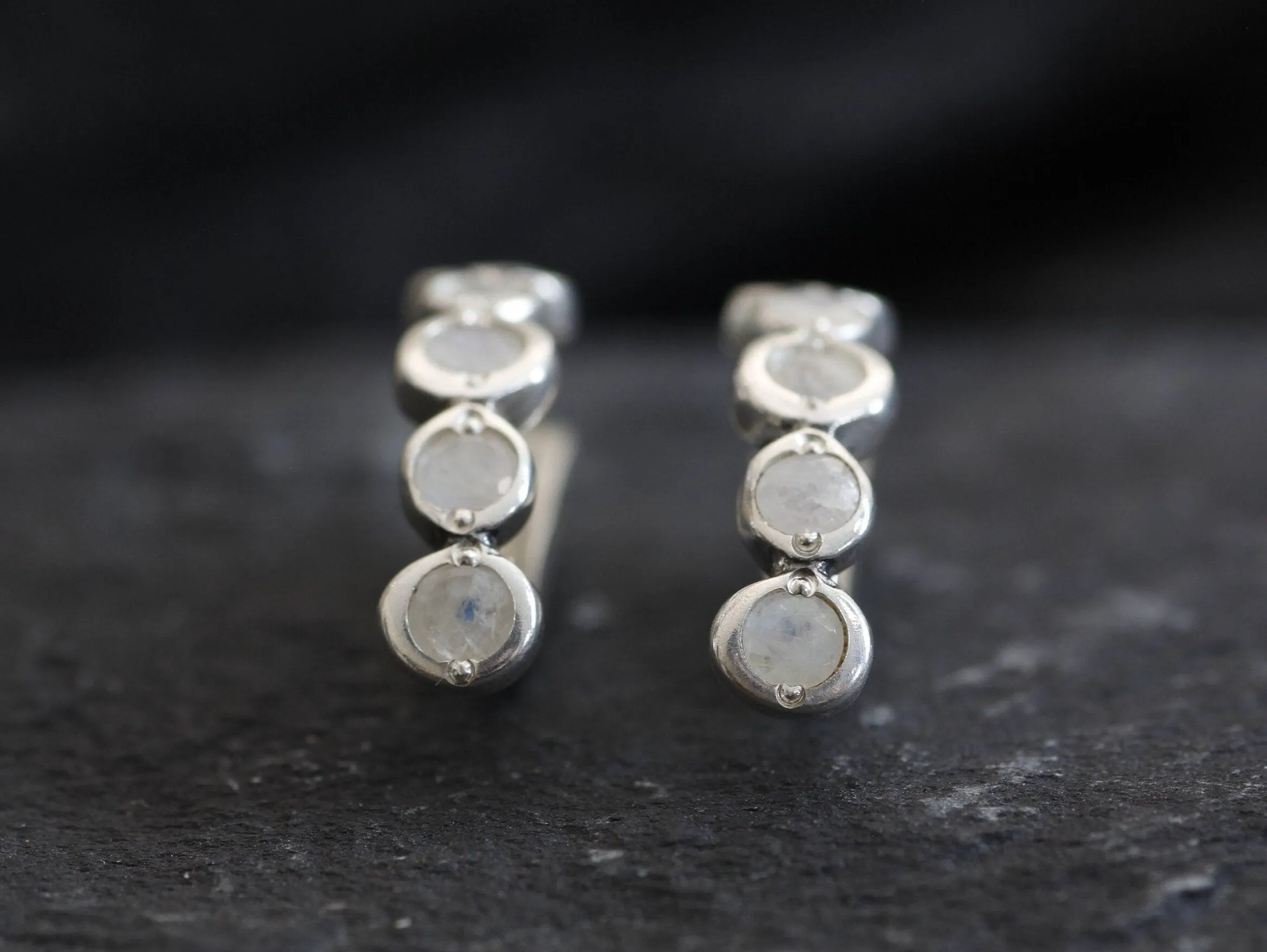 Bubble Moonstone Earrings - Natural Rainbow Moonstone, White Half Hoops