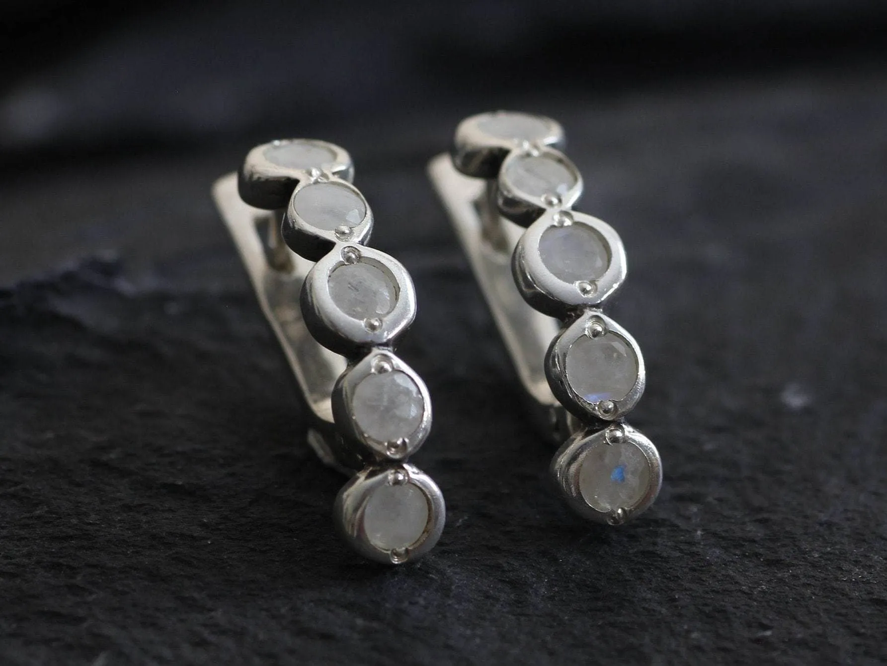 Bubble Moonstone Earrings - Natural Rainbow Moonstone, White Half Hoops