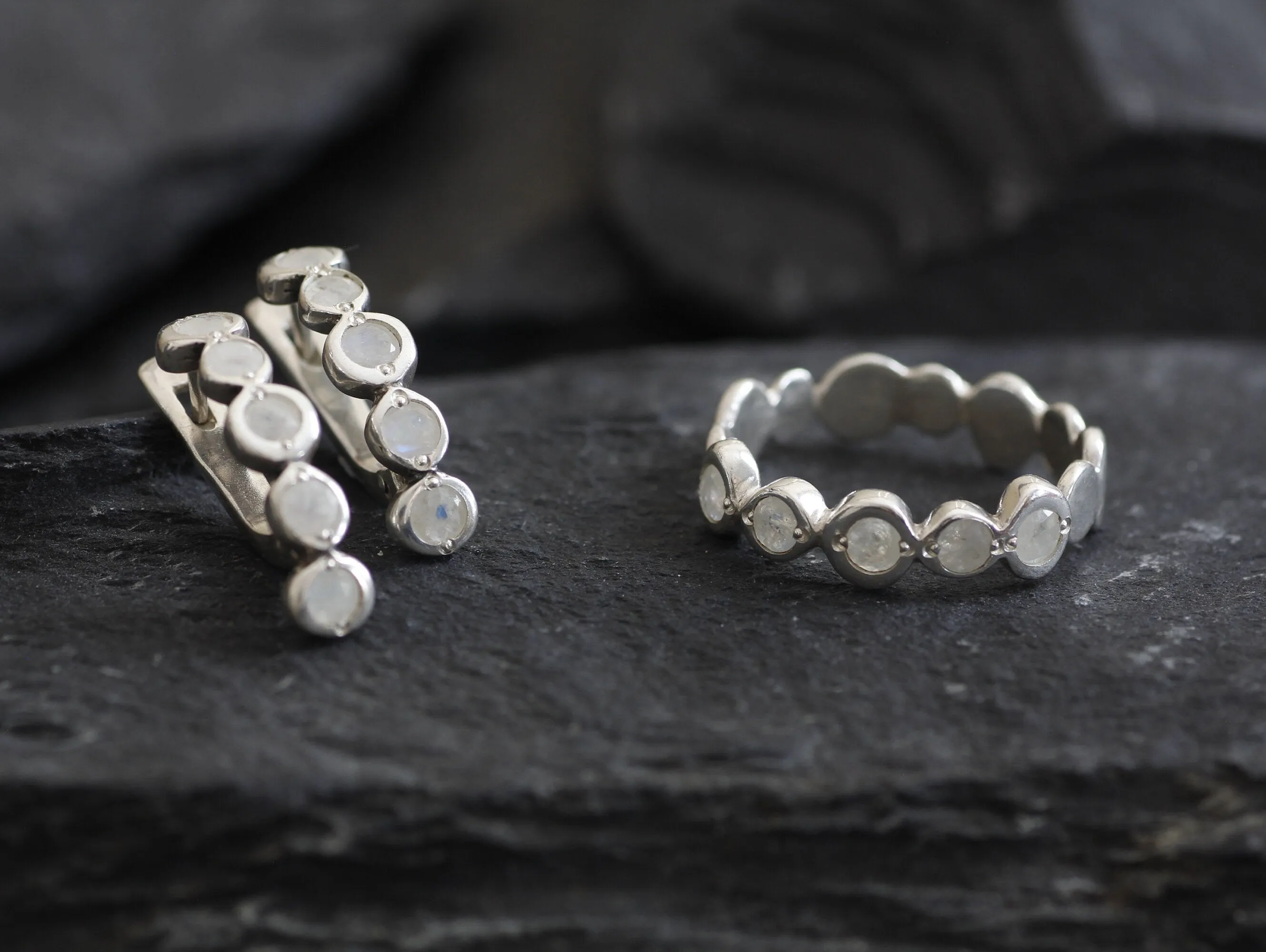 Bubble Moonstone Earrings - Natural Rainbow Moonstone, White Half Hoops