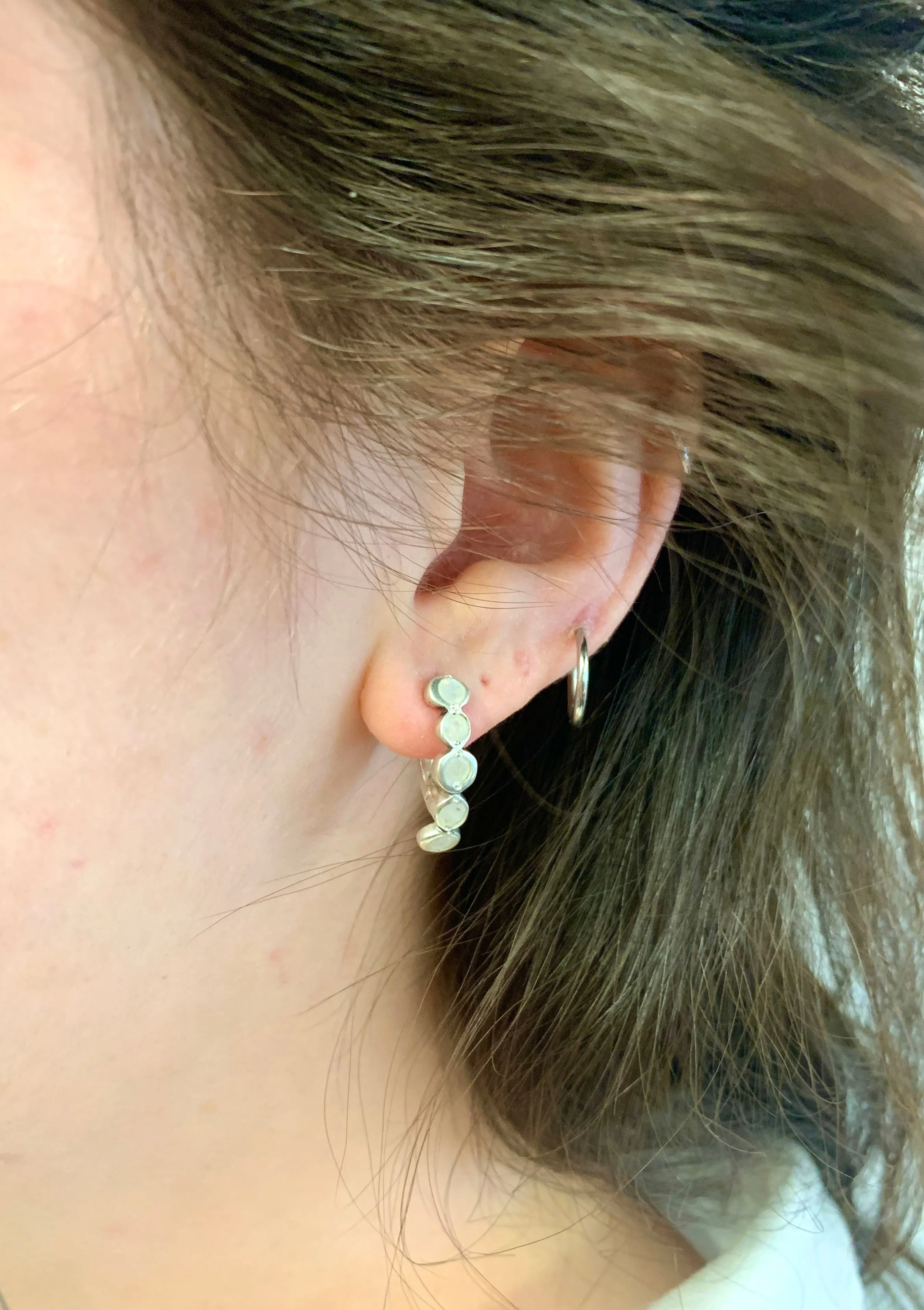 Bubble Moonstone Earrings - Natural Rainbow Moonstone, White Half Hoops