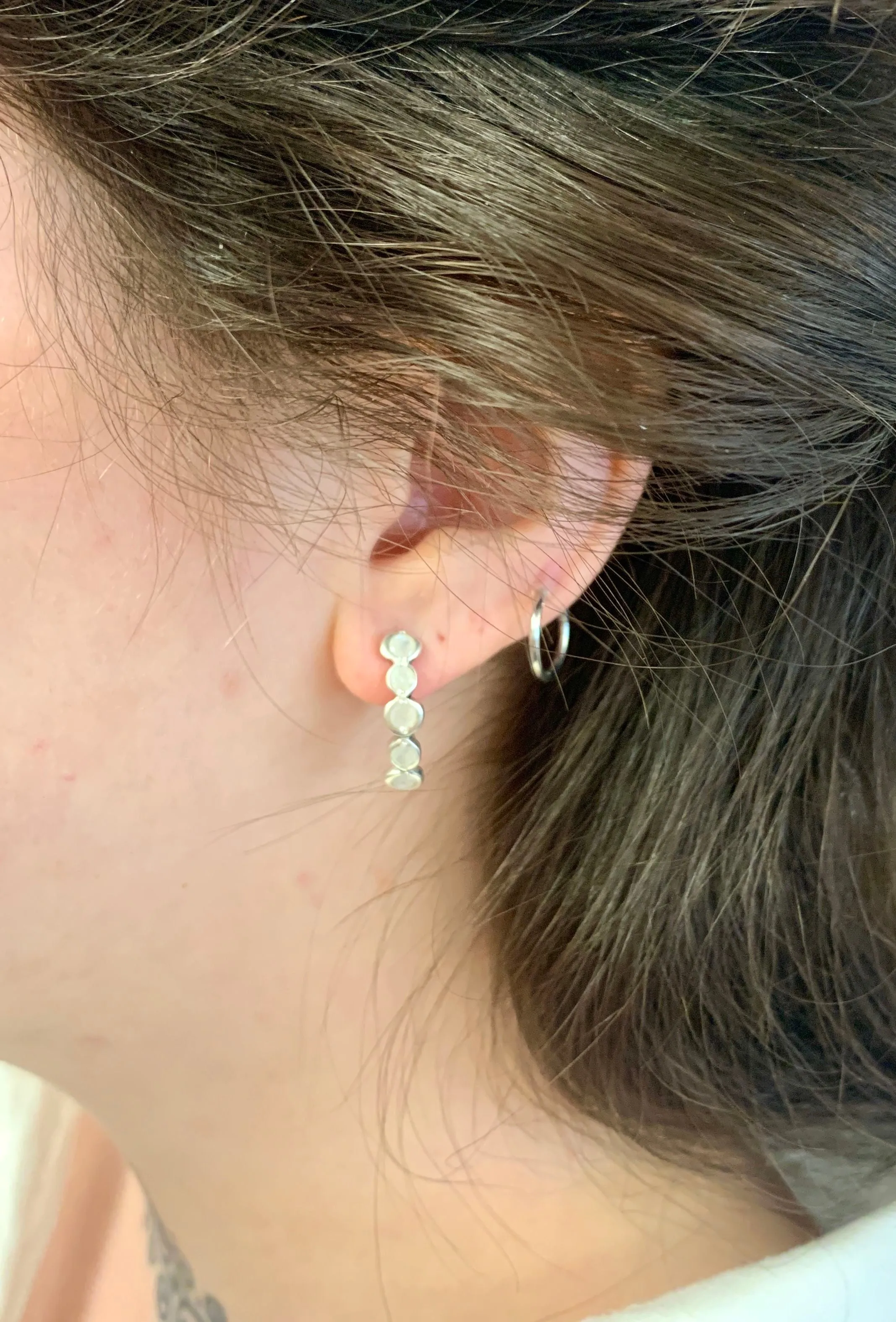 Bubble Moonstone Earrings - Natural Rainbow Moonstone, White Half Hoops