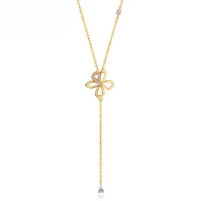 Butterfly Flower Long Tassel Zircon Sterling Silver Necklace