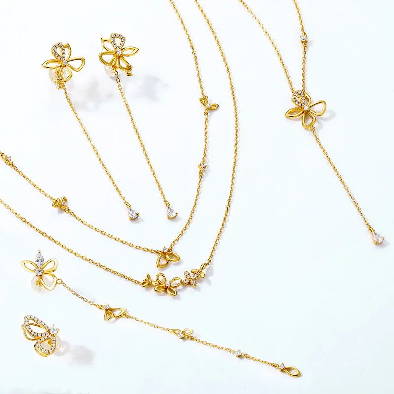Butterfly Flower Long Tassel Zircon Sterling Silver Necklace