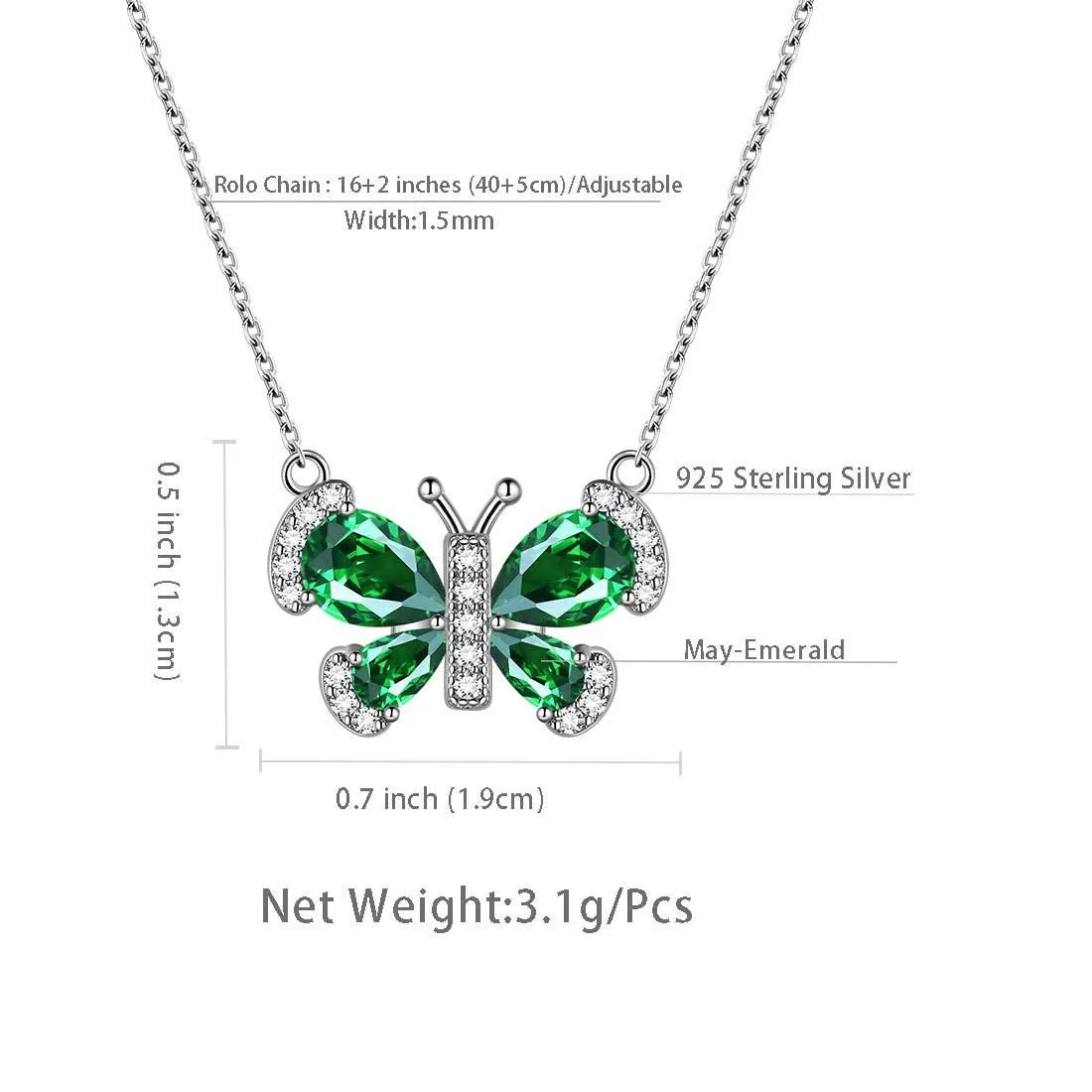 Butterfly Necklace Birthstone May Emerald Pendant Women Girls Jewelry Birthday Gift