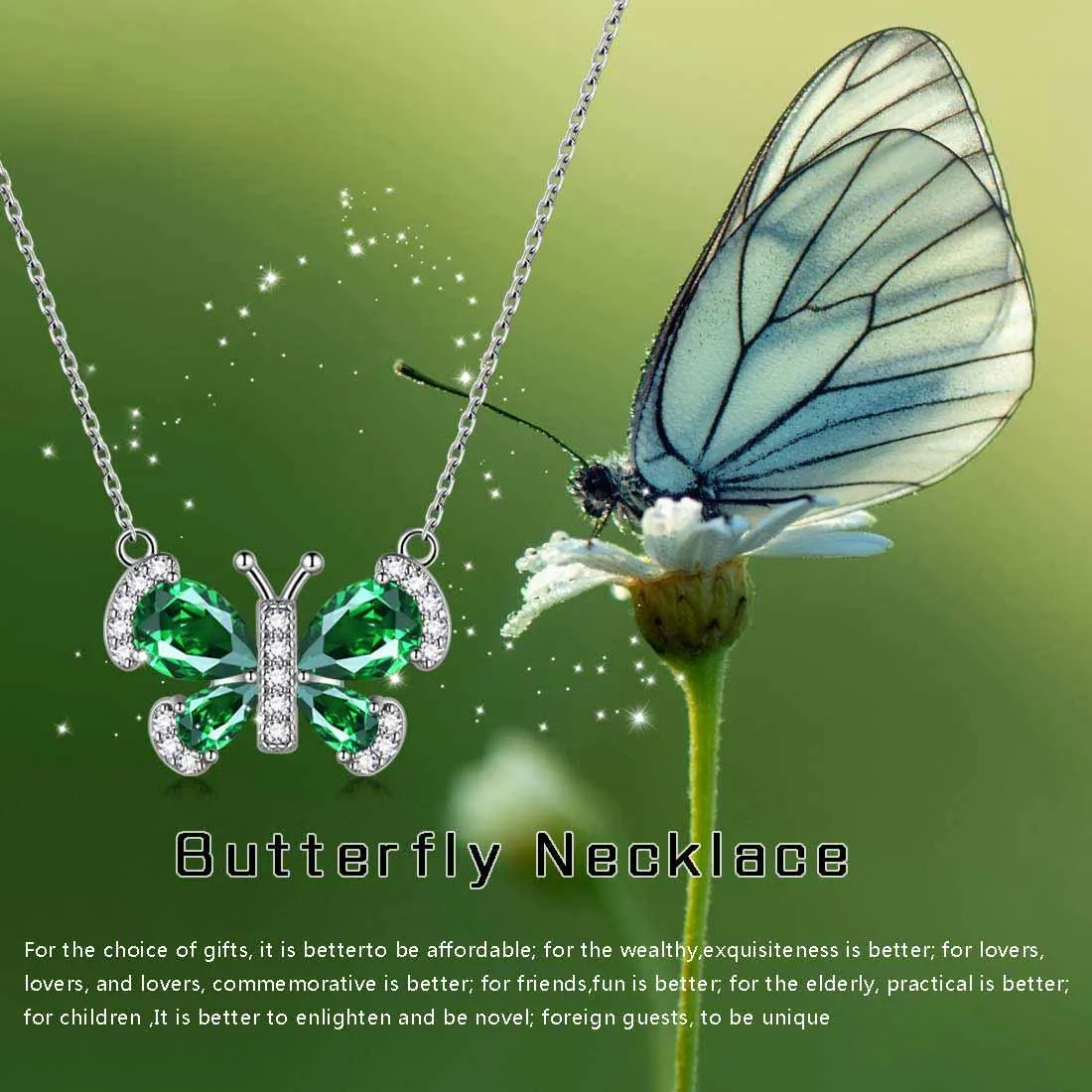 Butterfly Necklace Birthstone May Emerald Pendant Women Girls Jewelry Birthday Gift