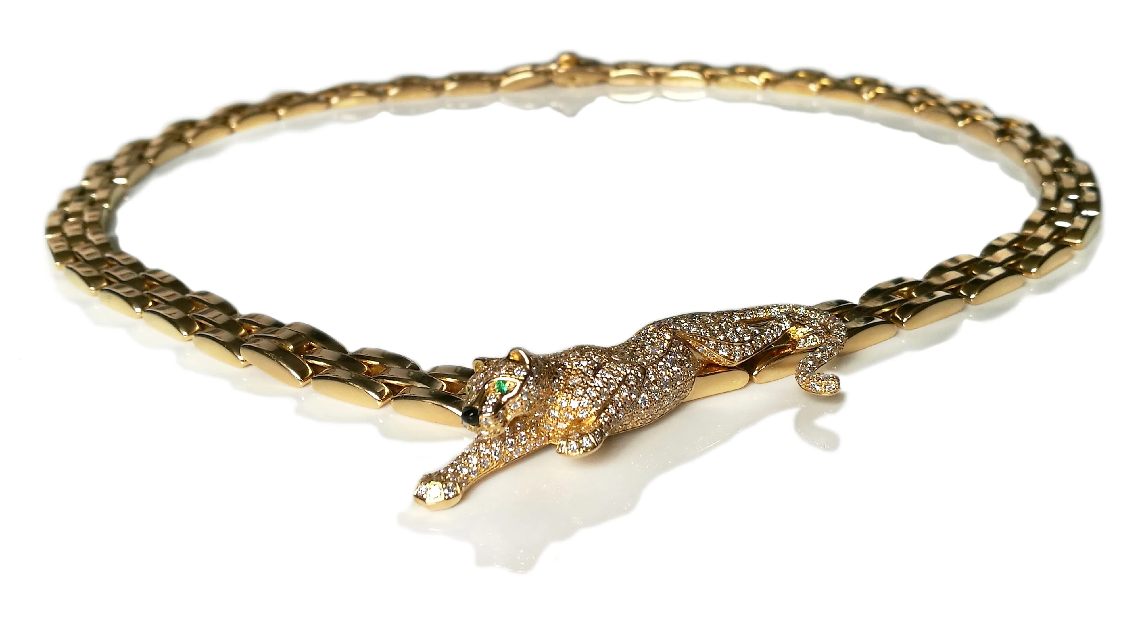 Cartier 6.15ct Pave Diamond Emerald 18k Gold Panthere 3-Row Maillon Necklace 16in