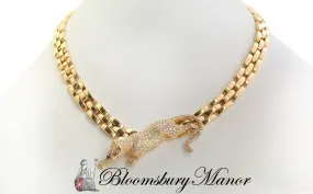 Cartier 6.15ct Pave Diamond Emerald 18k Gold Panthere 3-Row Maillon Necklace 16in