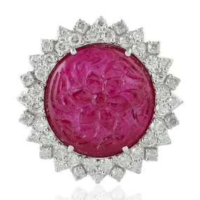 Carved Ruby Gemstone Prong Diamond Wedding Ring 18K White Gold July Birthstone Jewelry