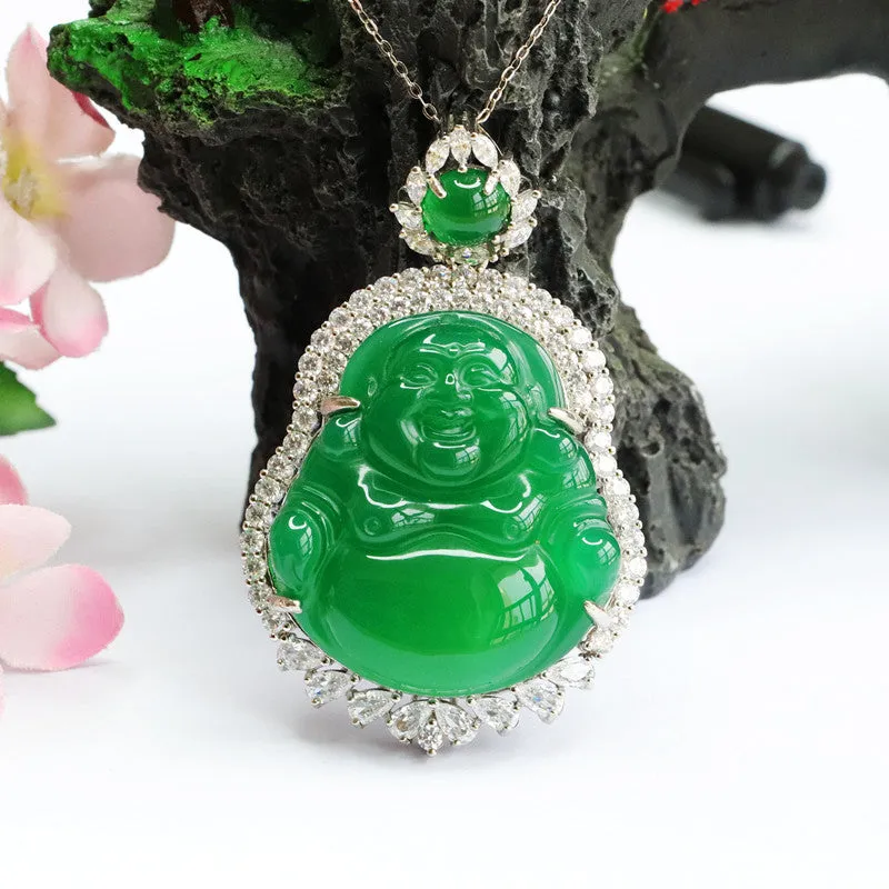 Chalcedony Buddha Pendant Sterling Silver Necklace with Zircon Accents
