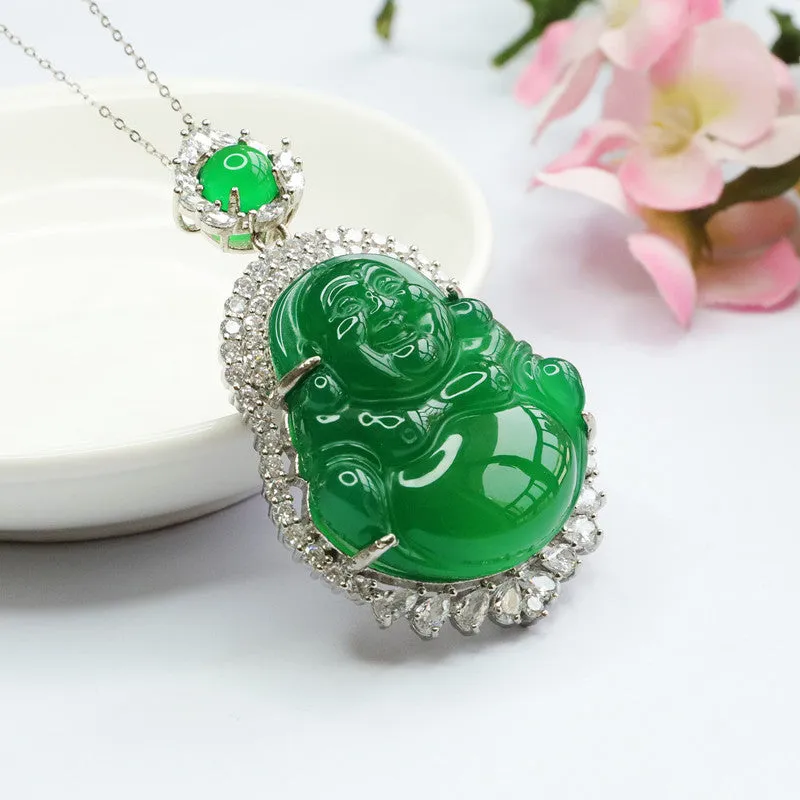 Chalcedony Buddha Pendant Sterling Silver Necklace with Zircon Accents