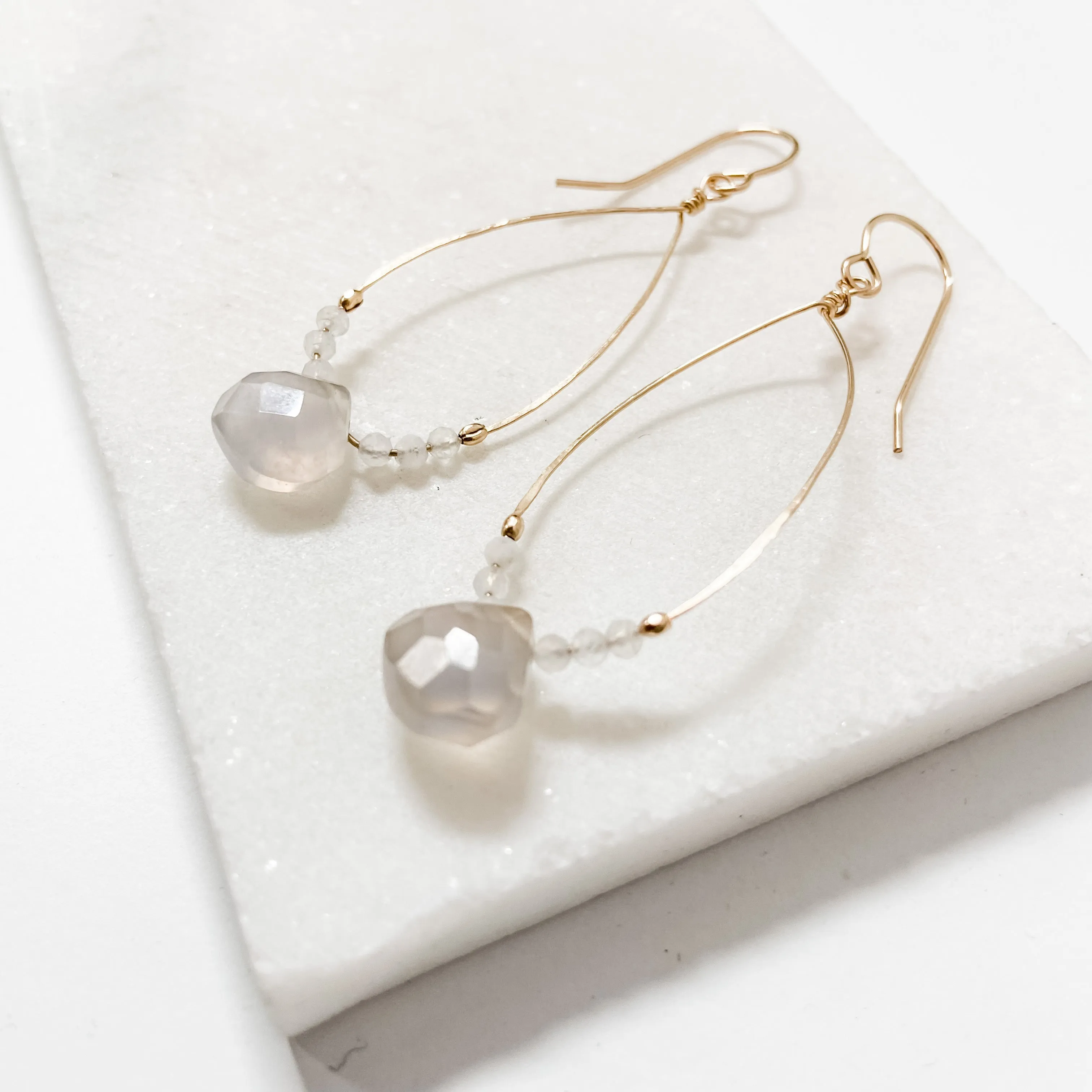 Chalcedony, Genuine Gemstone Gold Filled Hoops Wrapped Earrings, Chalcedony Gemstone