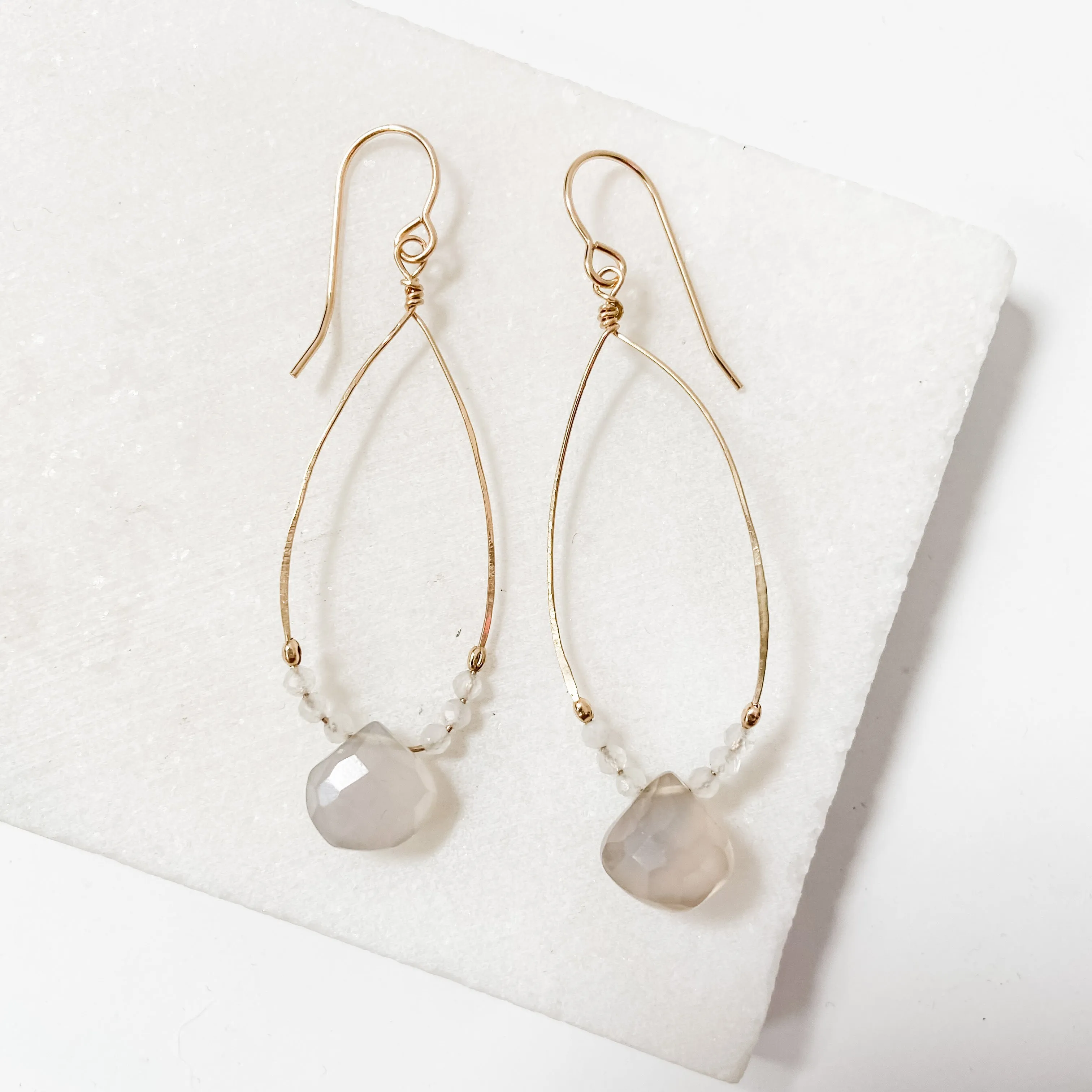 Chalcedony, Genuine Gemstone Gold Filled Hoops Wrapped Earrings, Chalcedony Gemstone