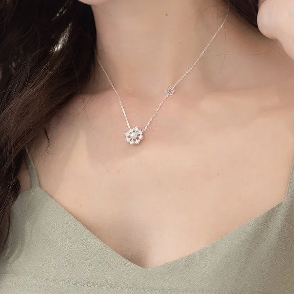 Christmas Pearl Zircon Snowflake Sterling Silver Necklace