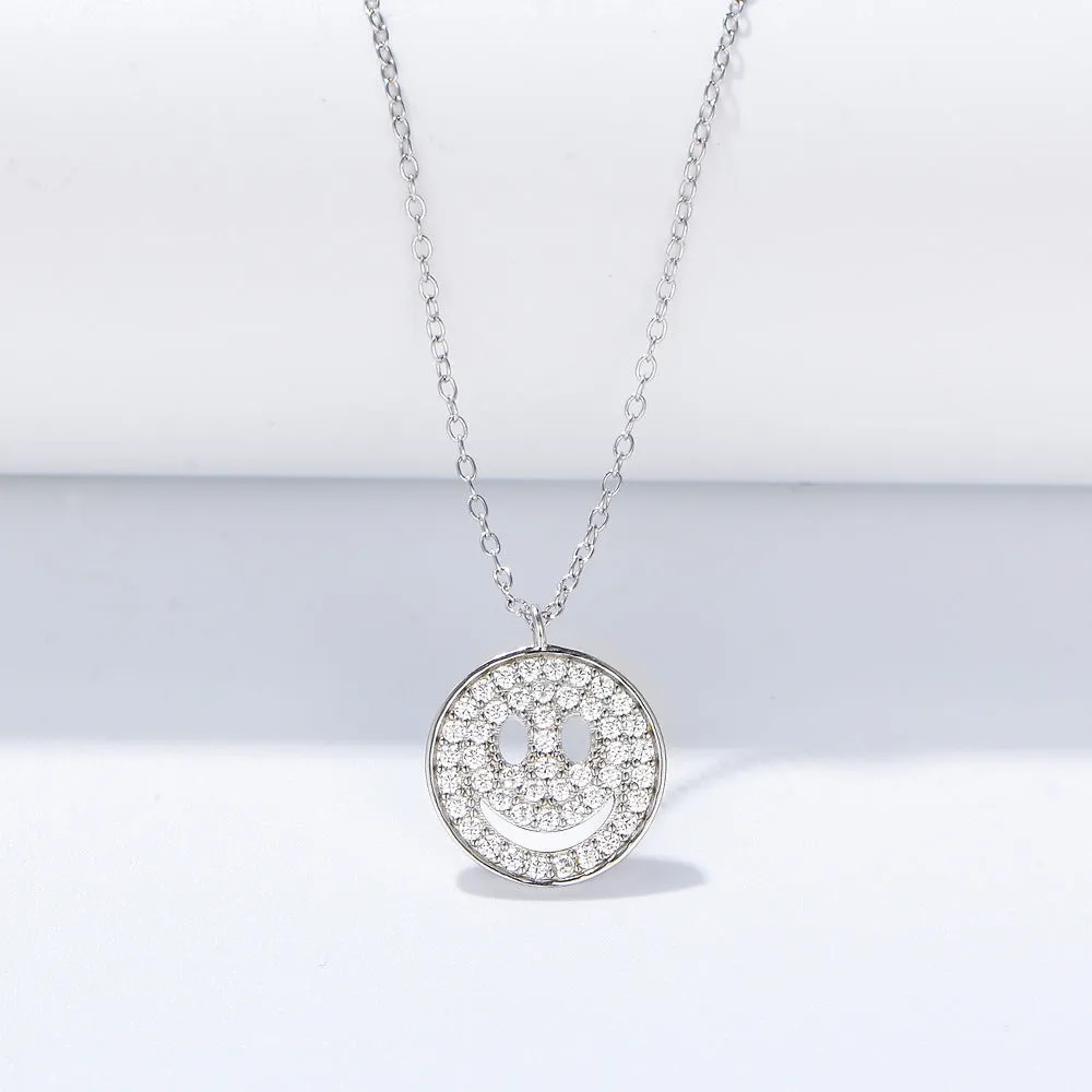 Circle Smiley Micro-set Zircon Pendant Sterling Silver Collarbone Necklace for Women