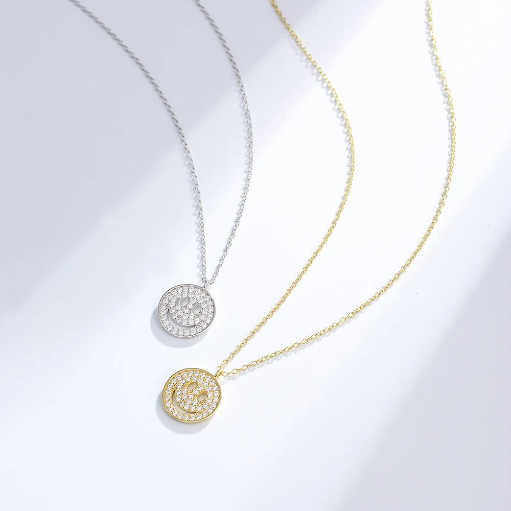 Circle Smiley Micro-set Zircon Pendant Sterling Silver Collarbone Necklace for Women