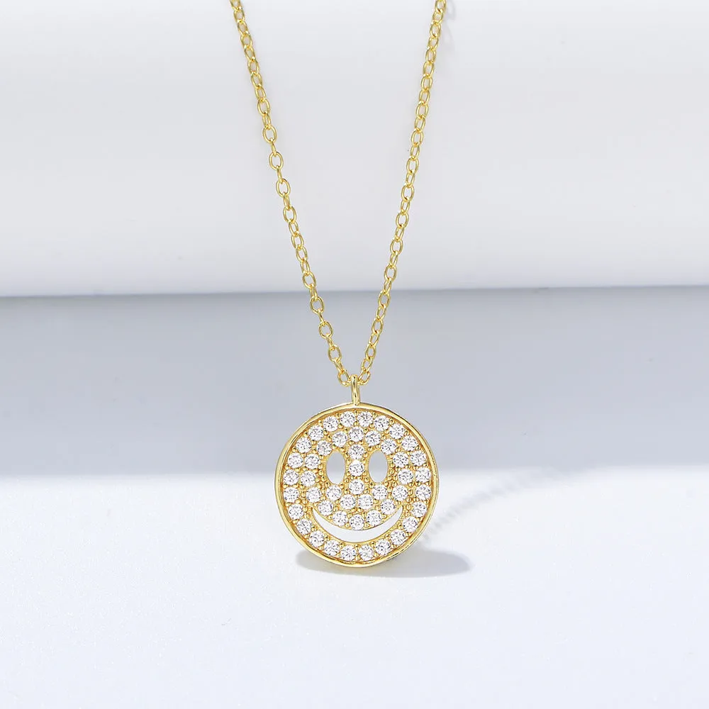 Circle Smiley Micro-set Zircon Pendant Sterling Silver Collarbone Necklace for Women