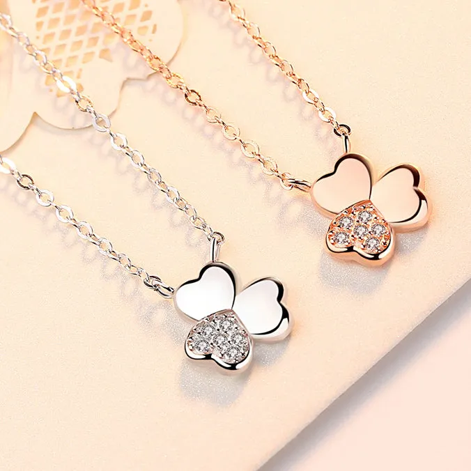 Clover with Zircon Pendant Silver Necklace for Women