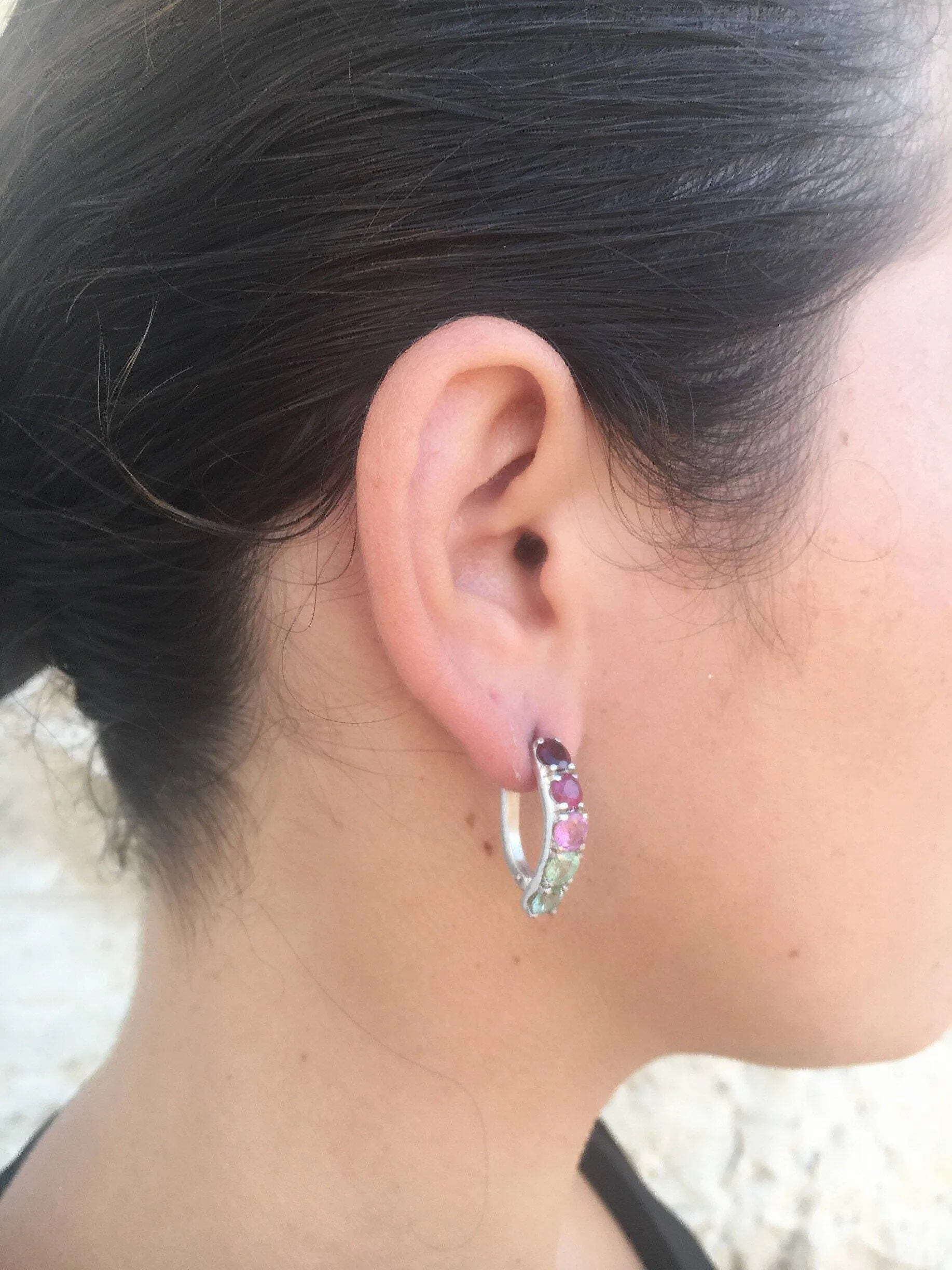 Colorful Drop Earrings - Half Hoops Earrings - Multistone Earrings