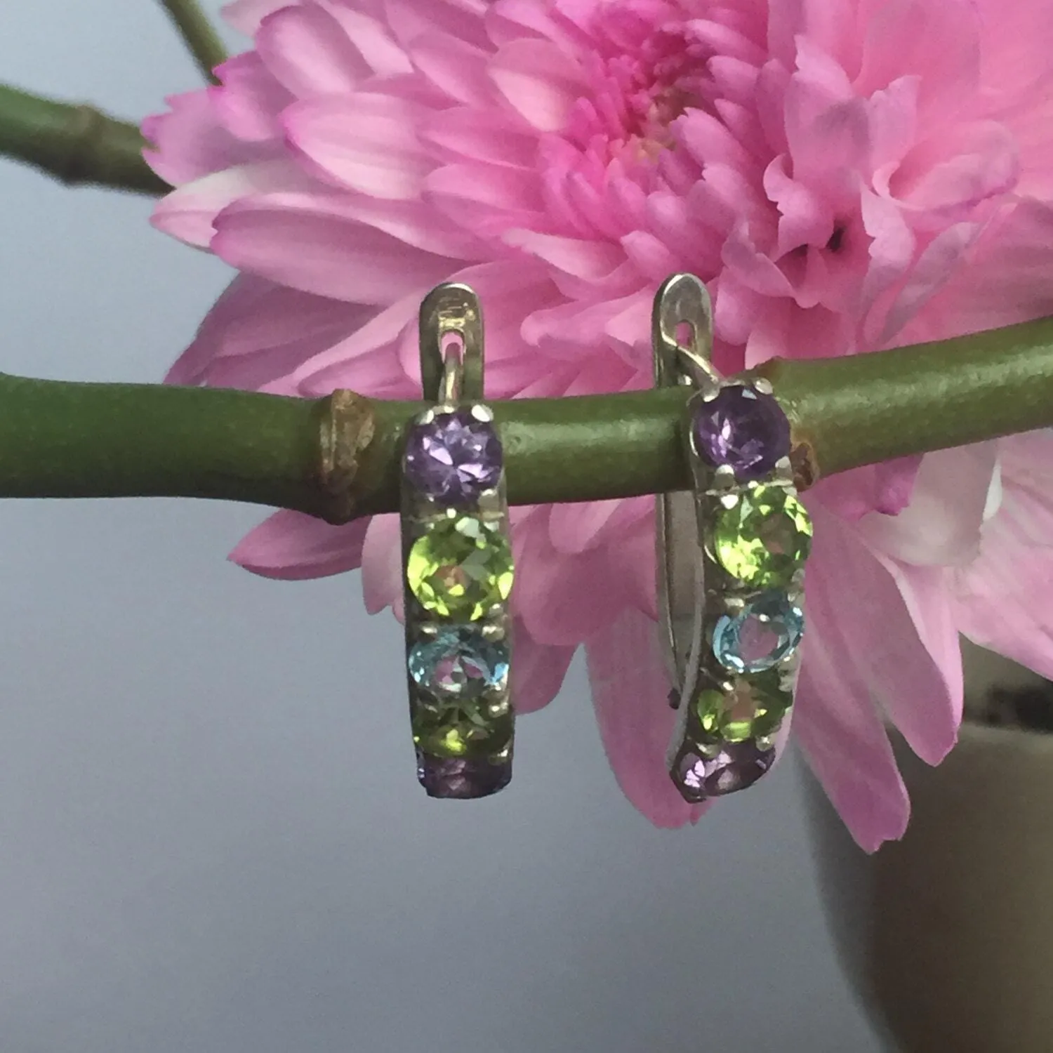 Colorful Drop Earrings - Half Hoops Earrings - Multistone Earrings