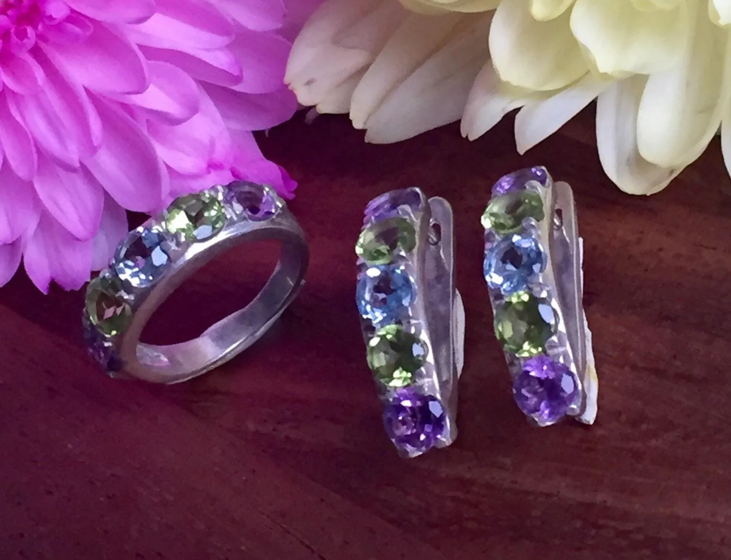 Colorful Drop Earrings - Half Hoops Earrings - Multistone Earrings
