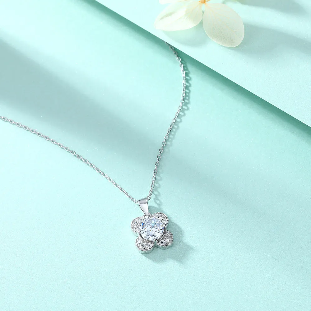 Colourful Zircon Clover Pendant Silver Necklace for Women