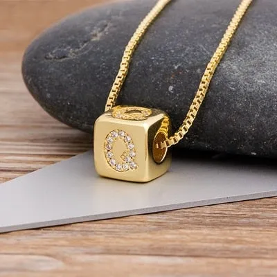 Copper Cube Necklace with Initial A-Z for Women and Men in Gold Color