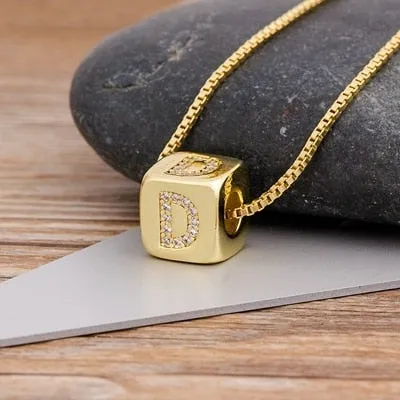 Copper Cube Necklace with Initial A-Z for Women and Men in Gold Color
