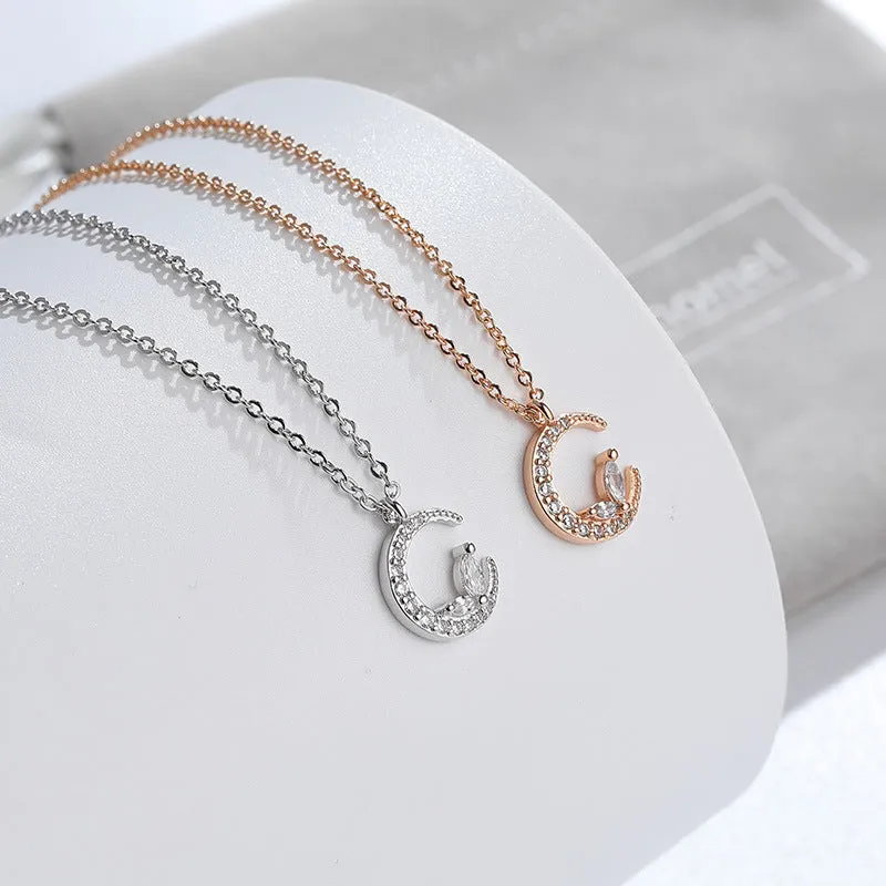 Crescent Moon with Marquise Zircon Silver Necklace for Women