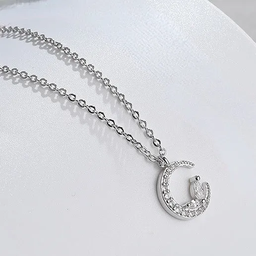 Crescent Moon with Marquise Zircon Silver Necklace for Women