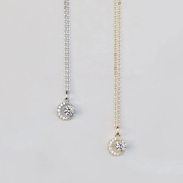 Crescent Moon with Round Zircon Pendant Silver Necklace for Women