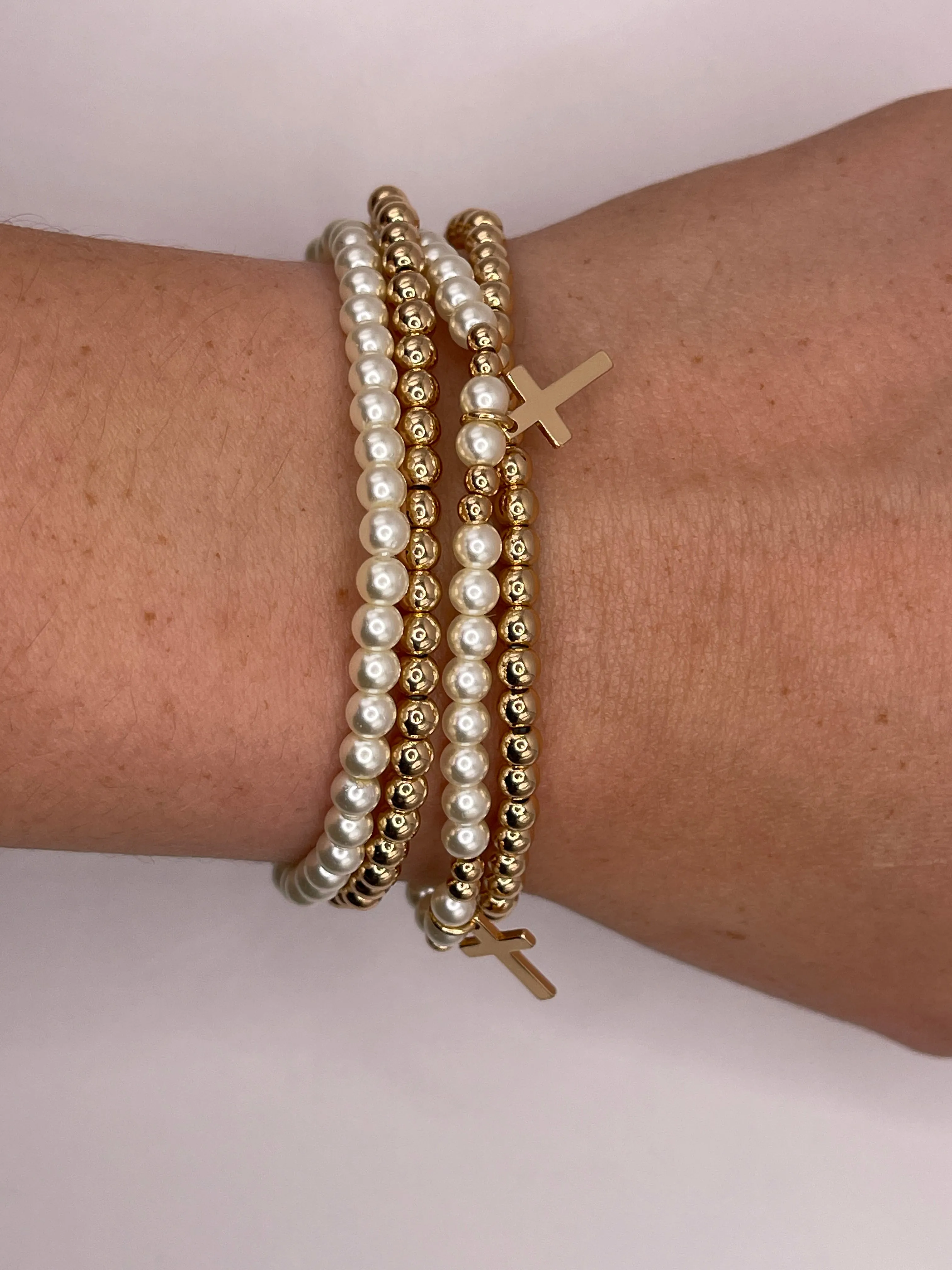 Cross Charm and Pearl Beaded Bracelet