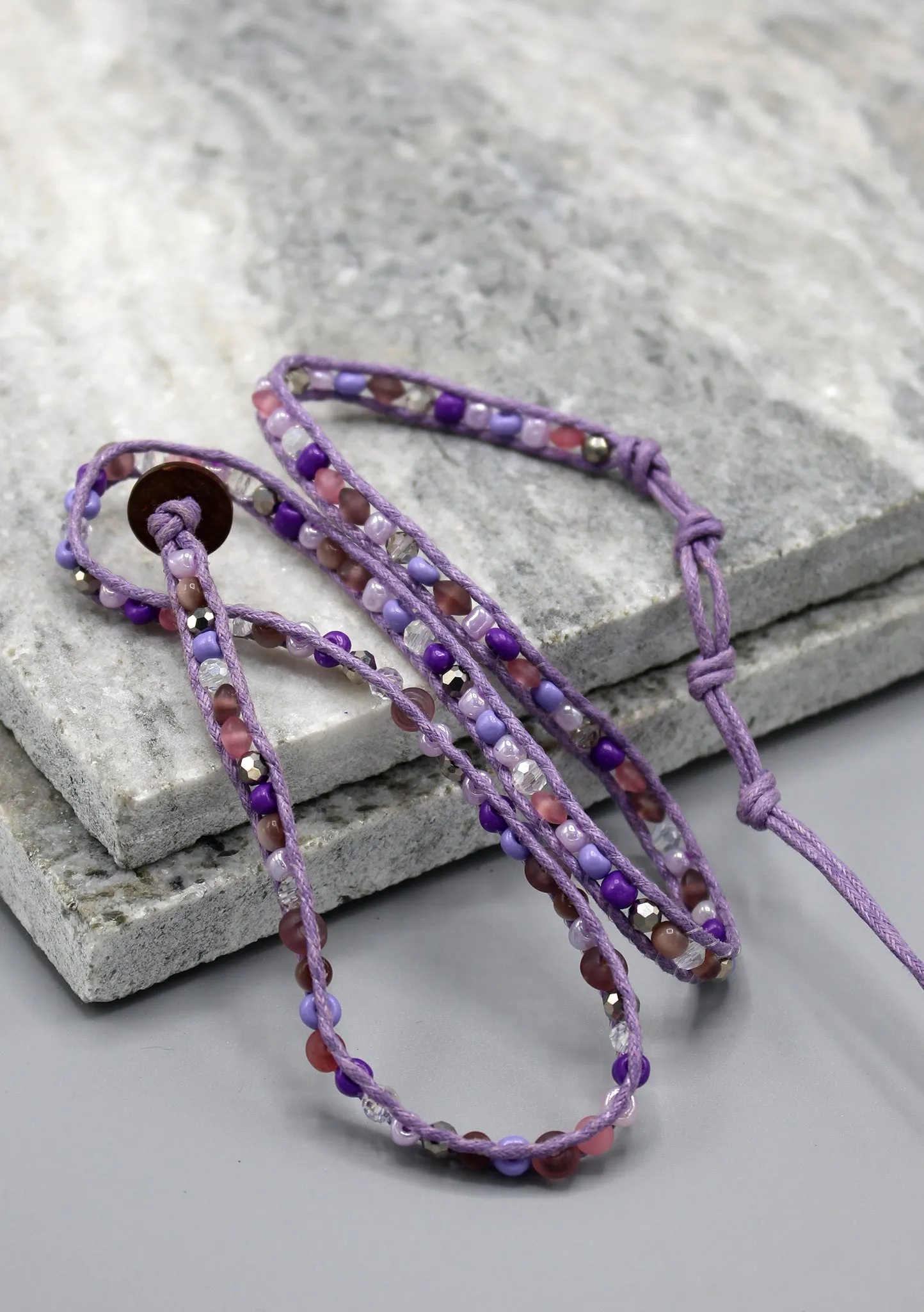 Crystal and Glass Beaded Purple Three Wraps Bracelet