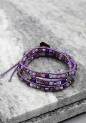 Crystal and Glass Beaded Purple Three Wraps Bracelet