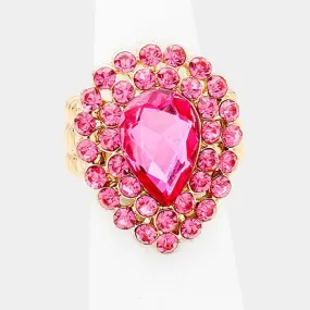 Crystal Pink Teardrop Centered Bubble Cluster Stretch Ring