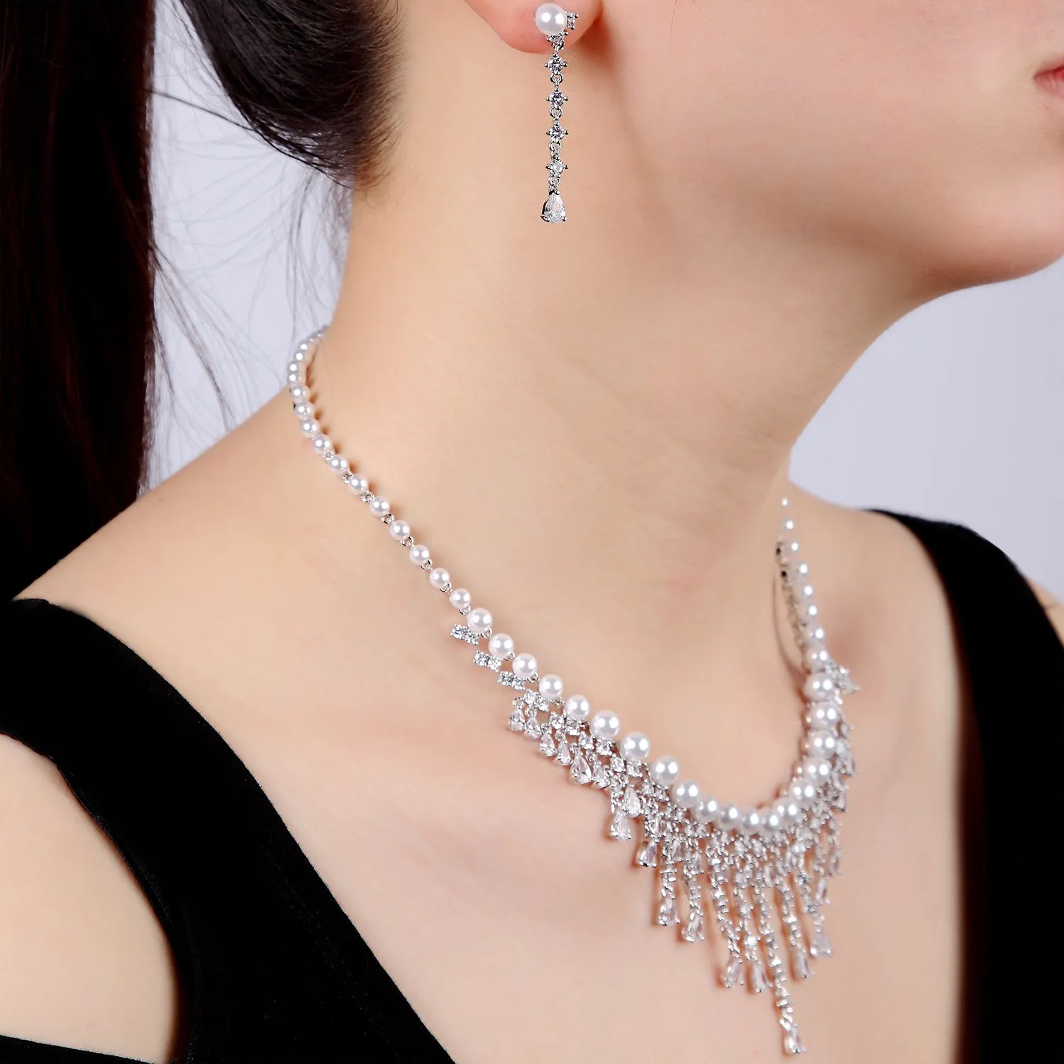 Cubic zirconia bride wedding necklace earring set CN10249