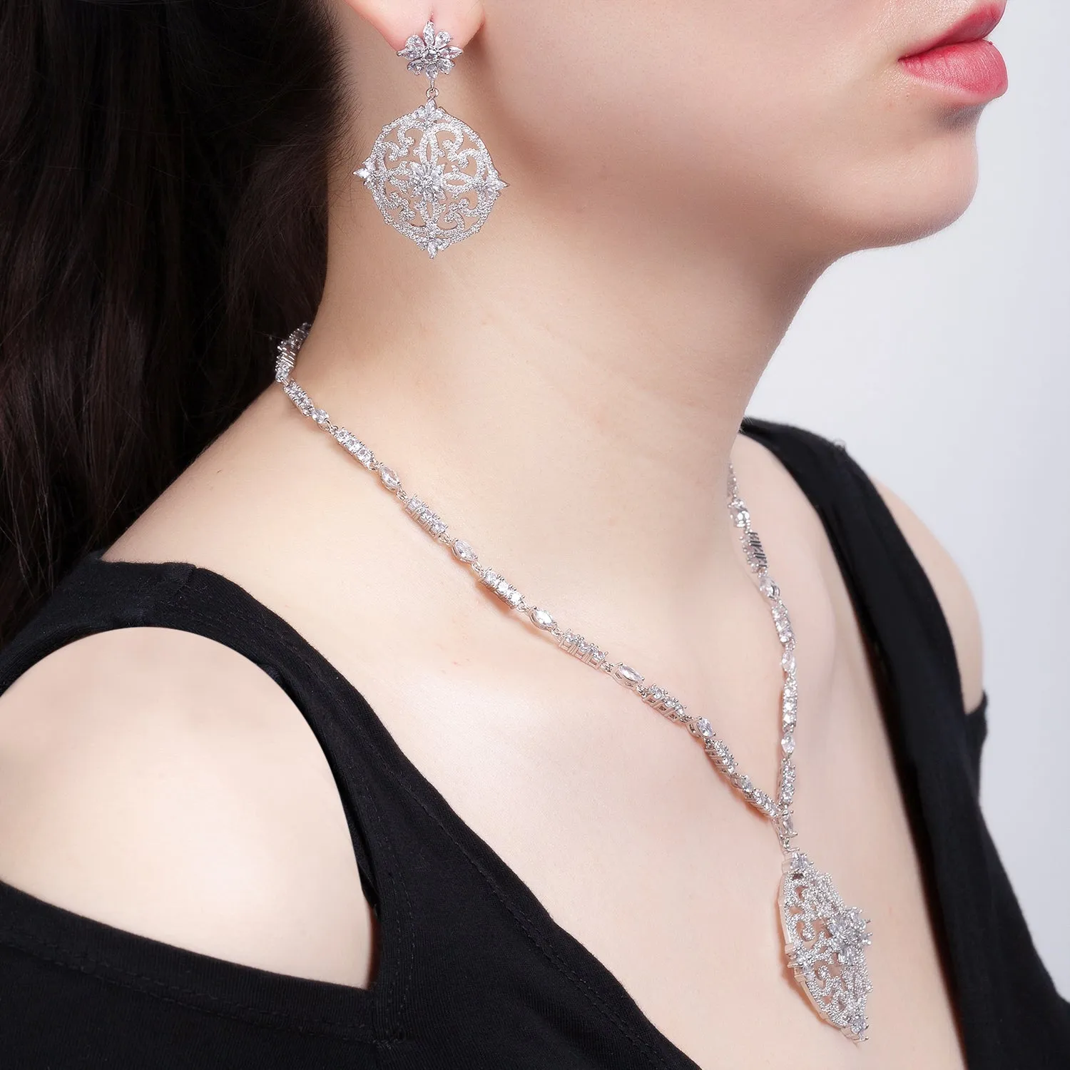 Cubic zirconia bride wedding necklace earring set top quality  CN10191