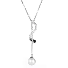 Curved Shape with Pearl Tassel Silver Necklace