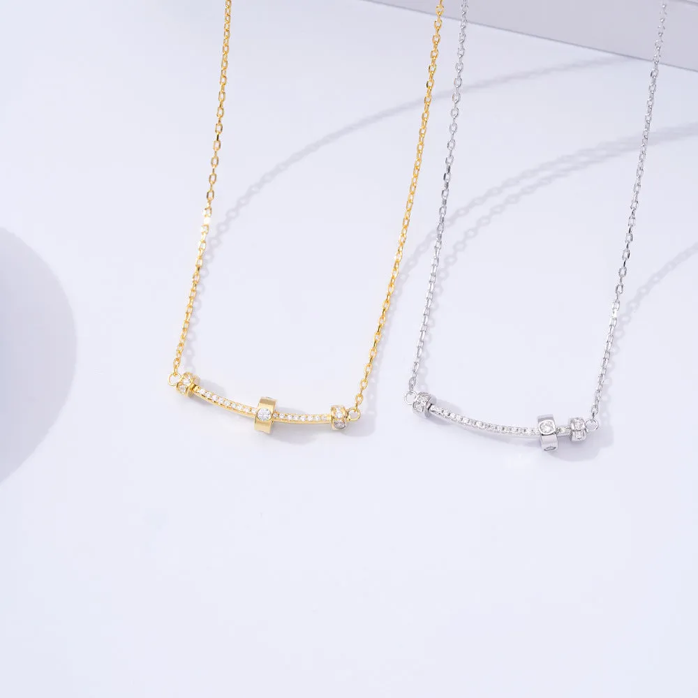 Curved Strip Pendant Zircon Silver Necklace