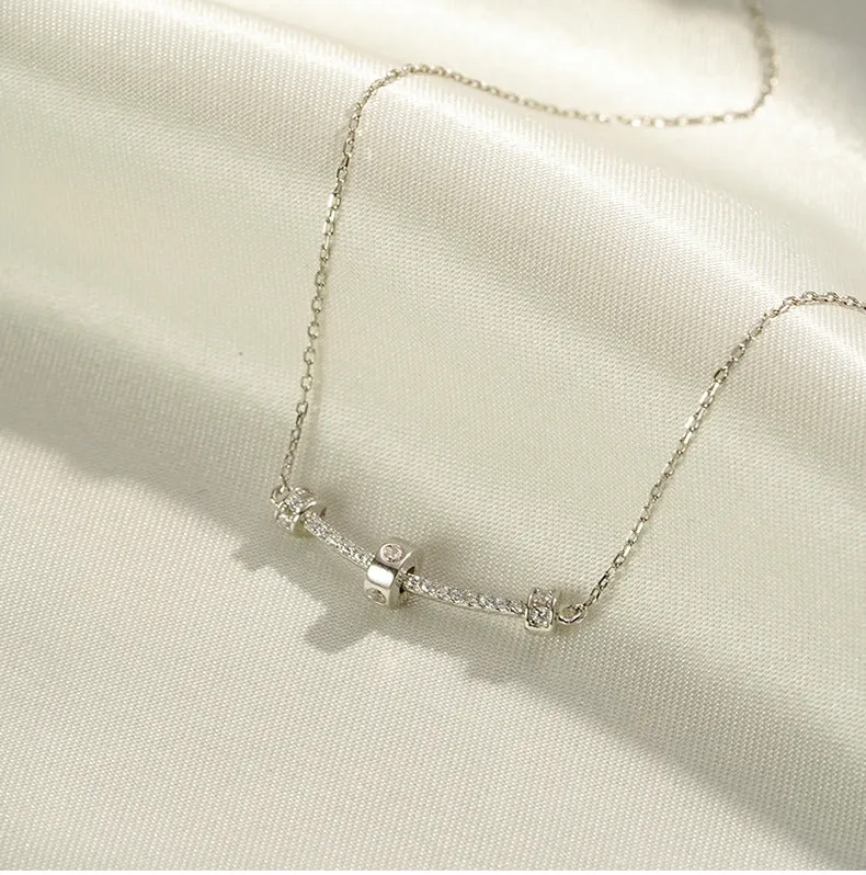 Curved Strip Pendant Zircon Silver Necklace