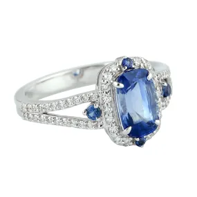 Cushion Cut Blue Sapphire Prong Diamond Engagement Ring 18K White Gold Jewelry