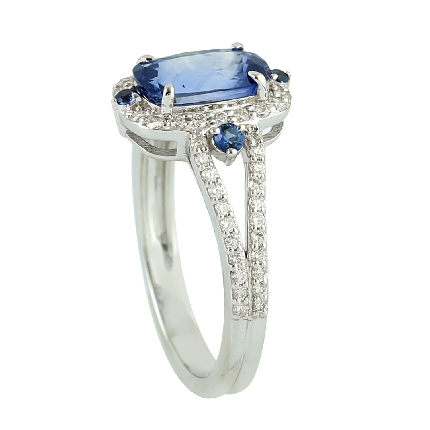 Cushion Cut Blue Sapphire Prong Diamond Engagement Ring 18K White Gold Jewelry
